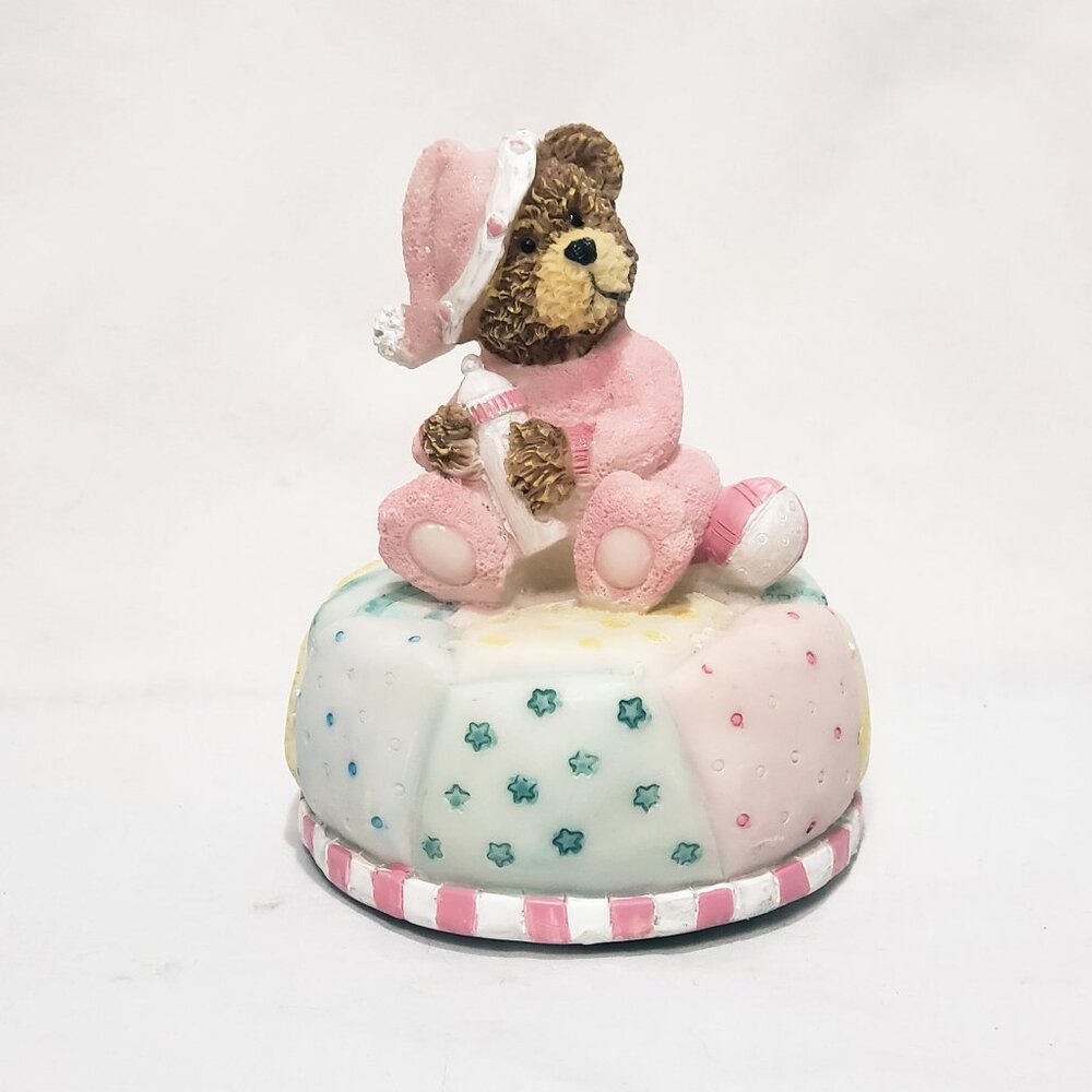 Baby Girl Teddy Bear Music Box 4" Plays Rock A Bye Baby Resin Pink Sankyo